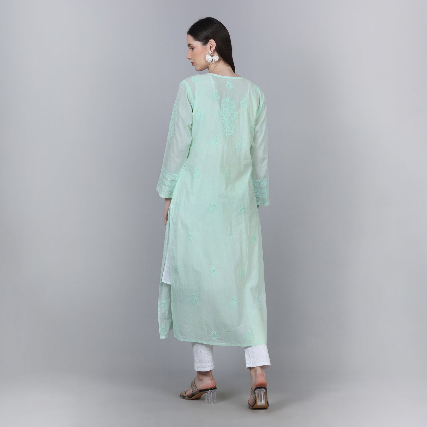 Summer Perfect Pastel Green Chikankari Mul Cotton Kurti