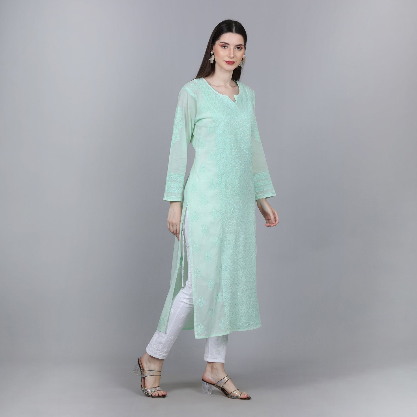 Summer Perfect Pastel Green Chikankari Mul Cotton Kurti