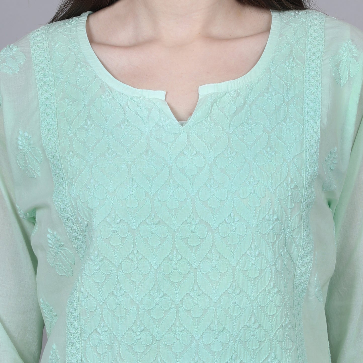 Summer Perfect Pastel Green Chikankari Mul Cotton Kurti