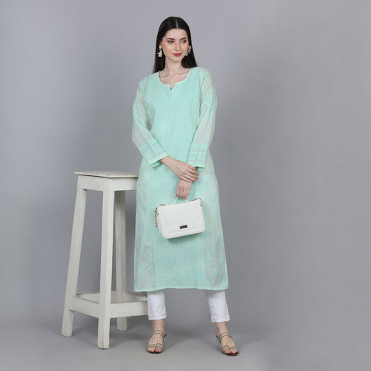 Summer Perfect Pastel Green Chikankari Mul Cotton Kurti