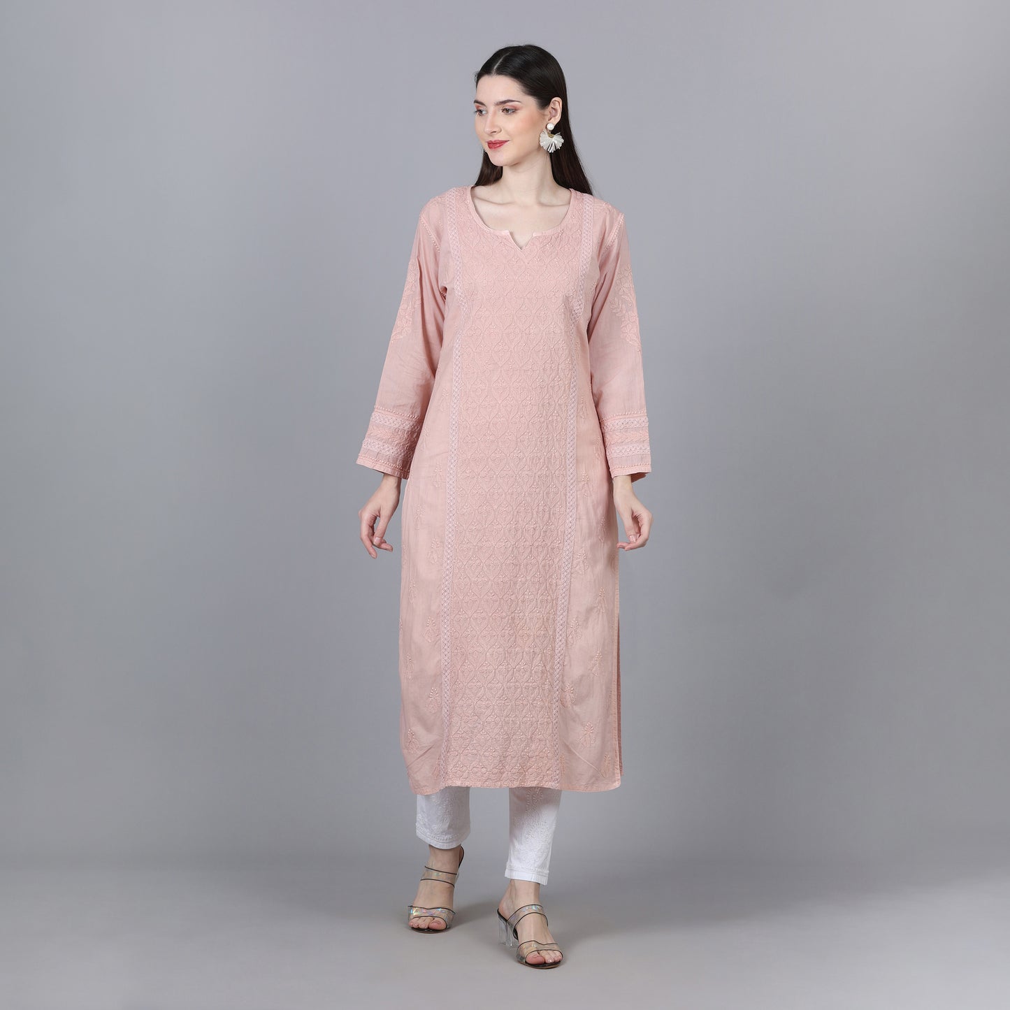 Vintage Peach Chikankari Mul Cotton Kurti