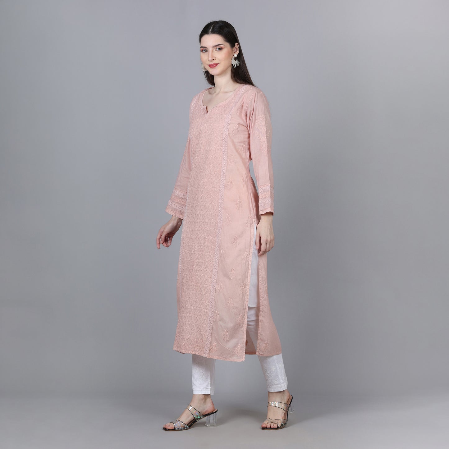 Vintage Peach Chikankari Mul Cotton Kurti