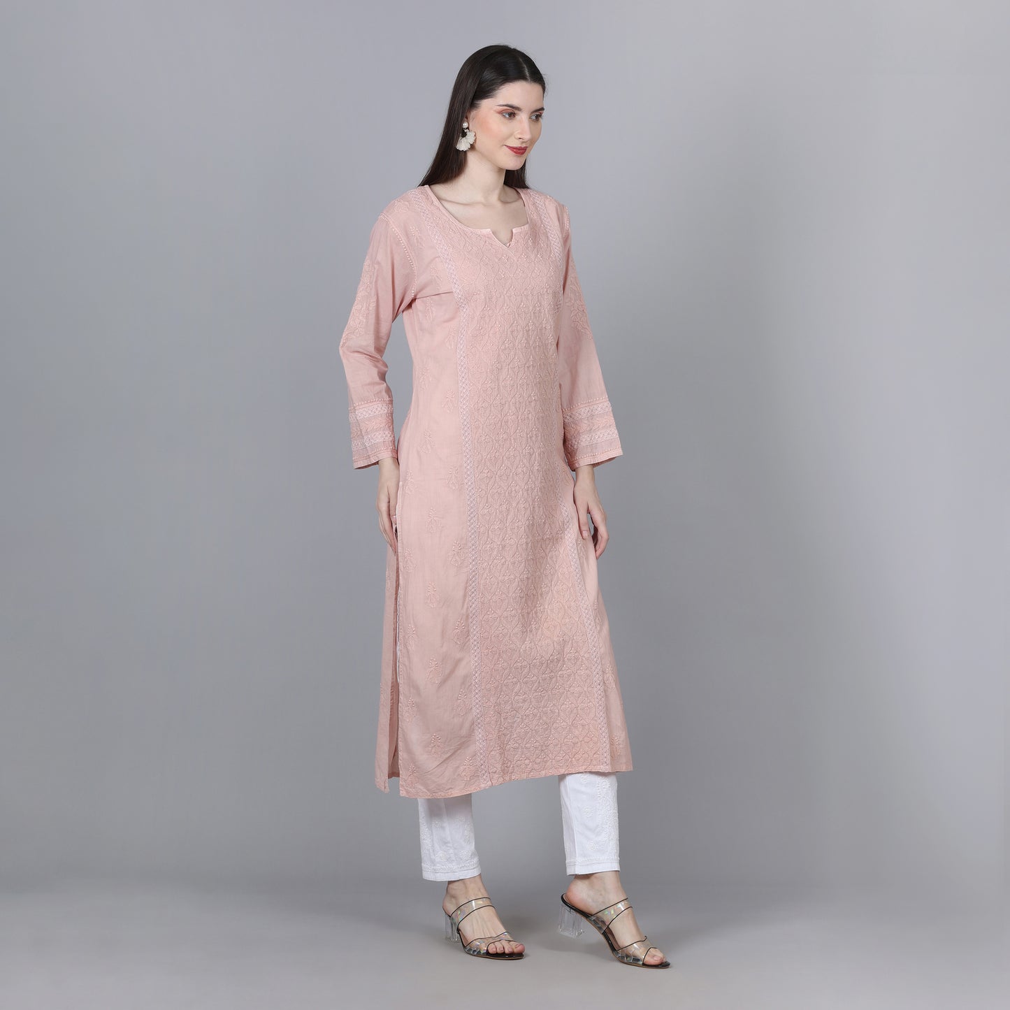 Vintage Peach Chikankari Mul Cotton Kurti
