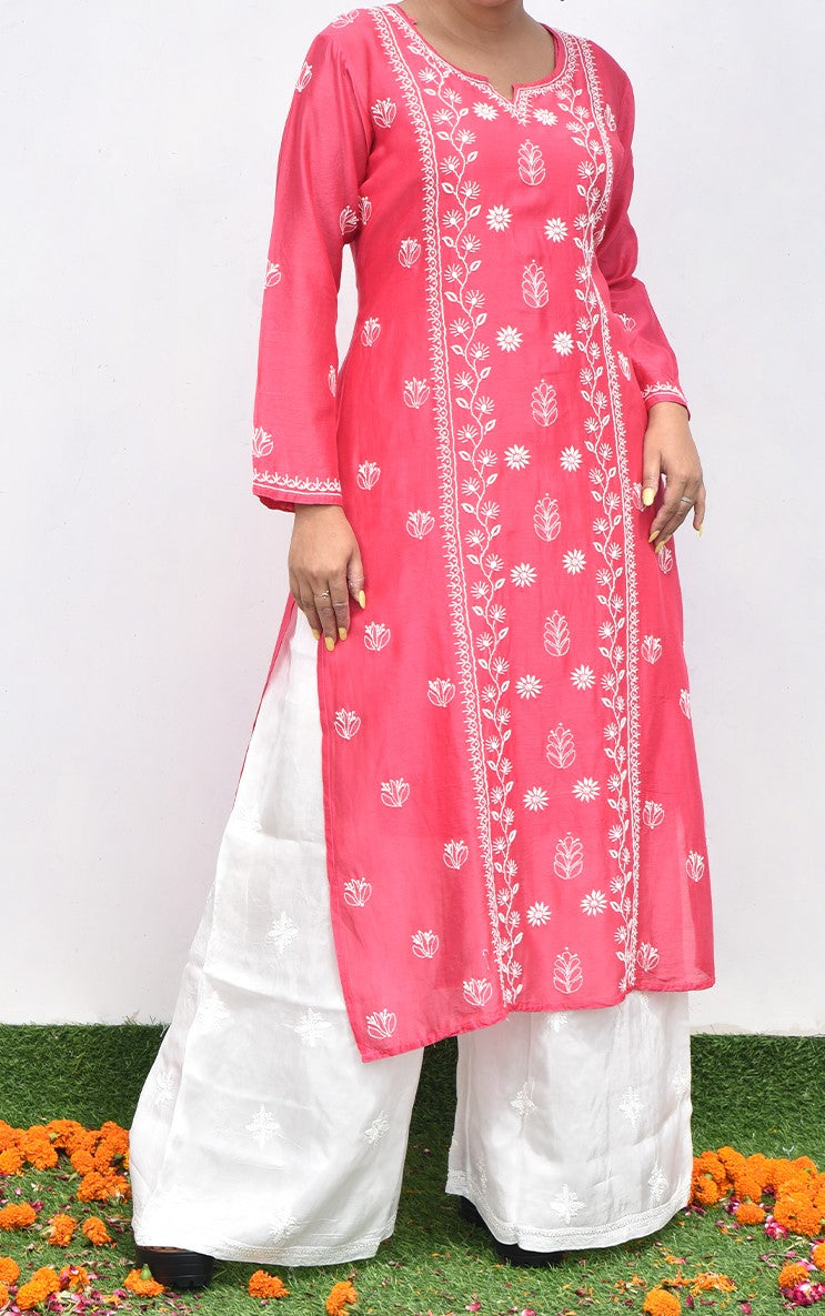 'The Queen's Heart' Mul-chanderi Magenta Chikankari Kurti