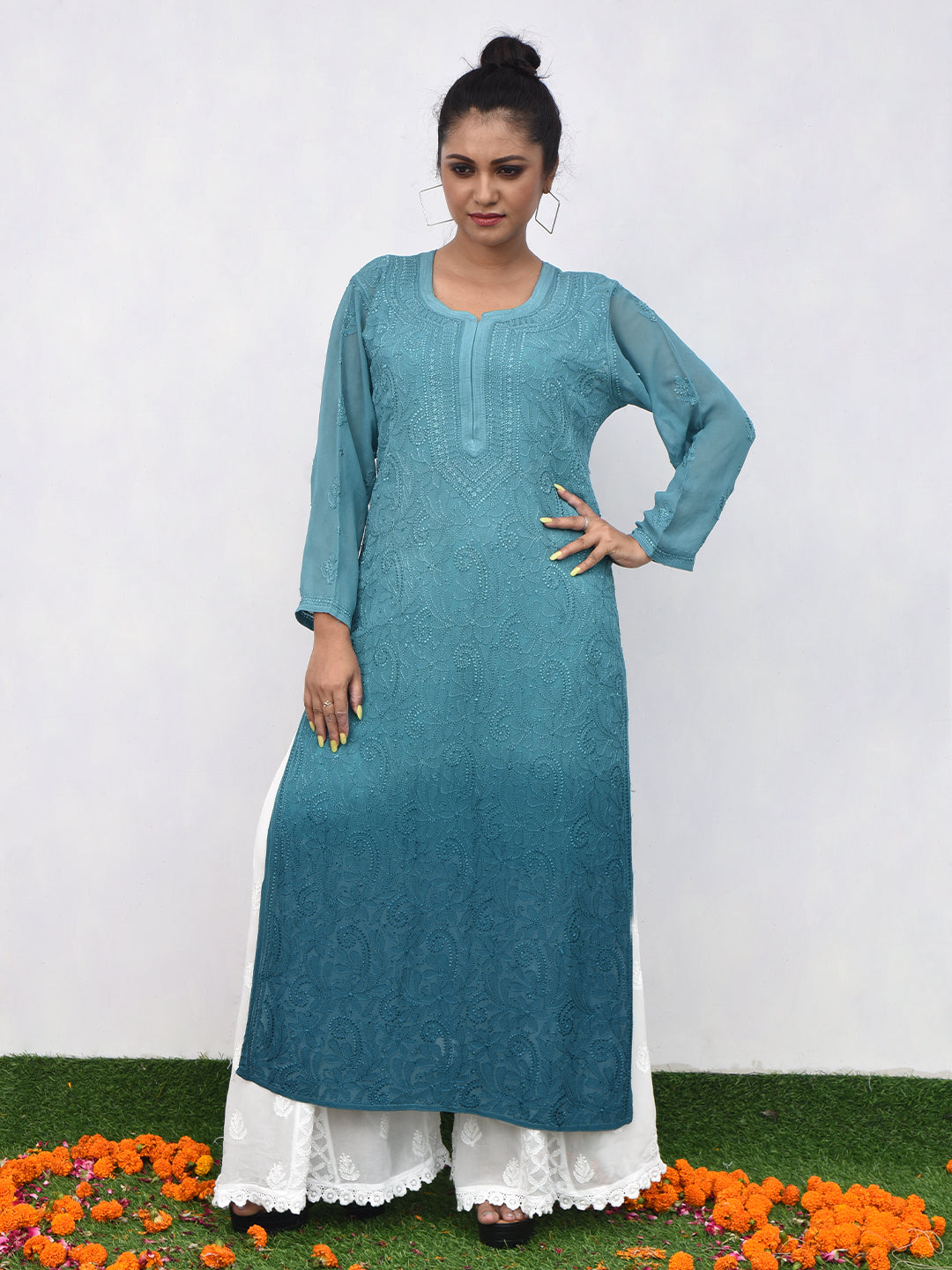 Pure Georgette Dyeable Designer White Chikankari Palazzo