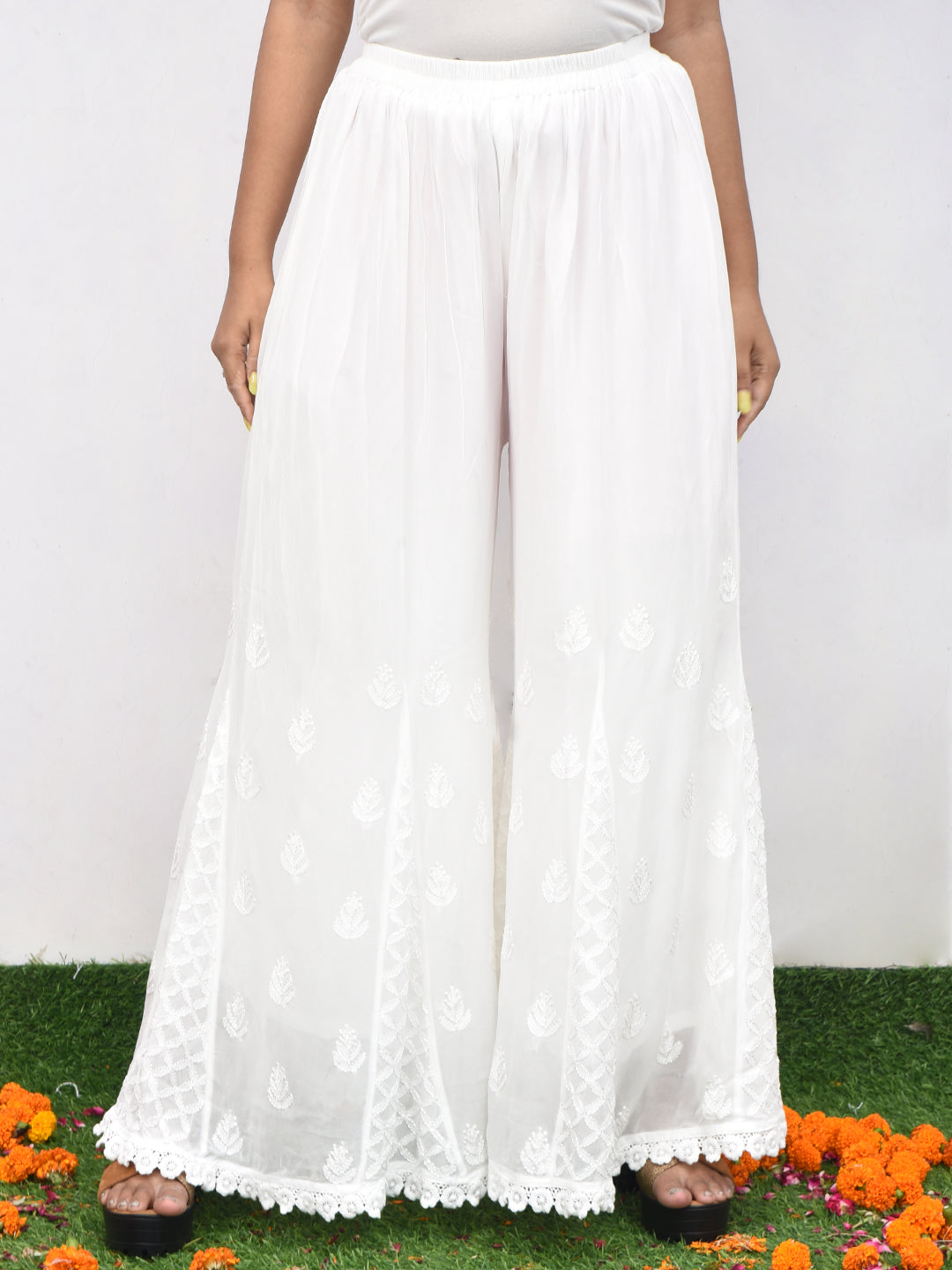 Pure Georgette Dyeable Designer White Chikankari Palazzo