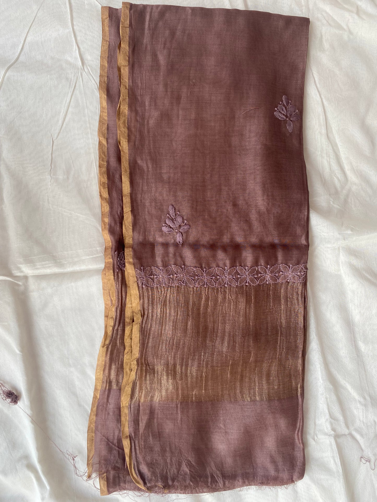 Mocha Brown Chanderi Unstitched Centre-Panel Chikankari suit set