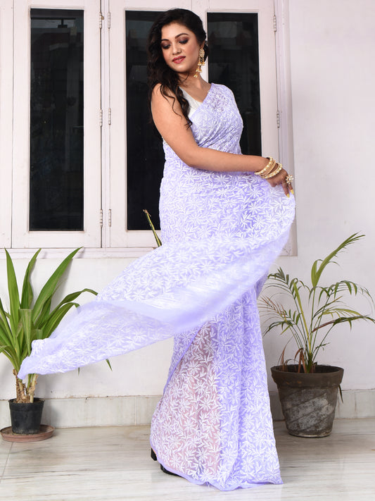 'The Lilac Affair' Georgette Chikankari Saree with all-over embroidery