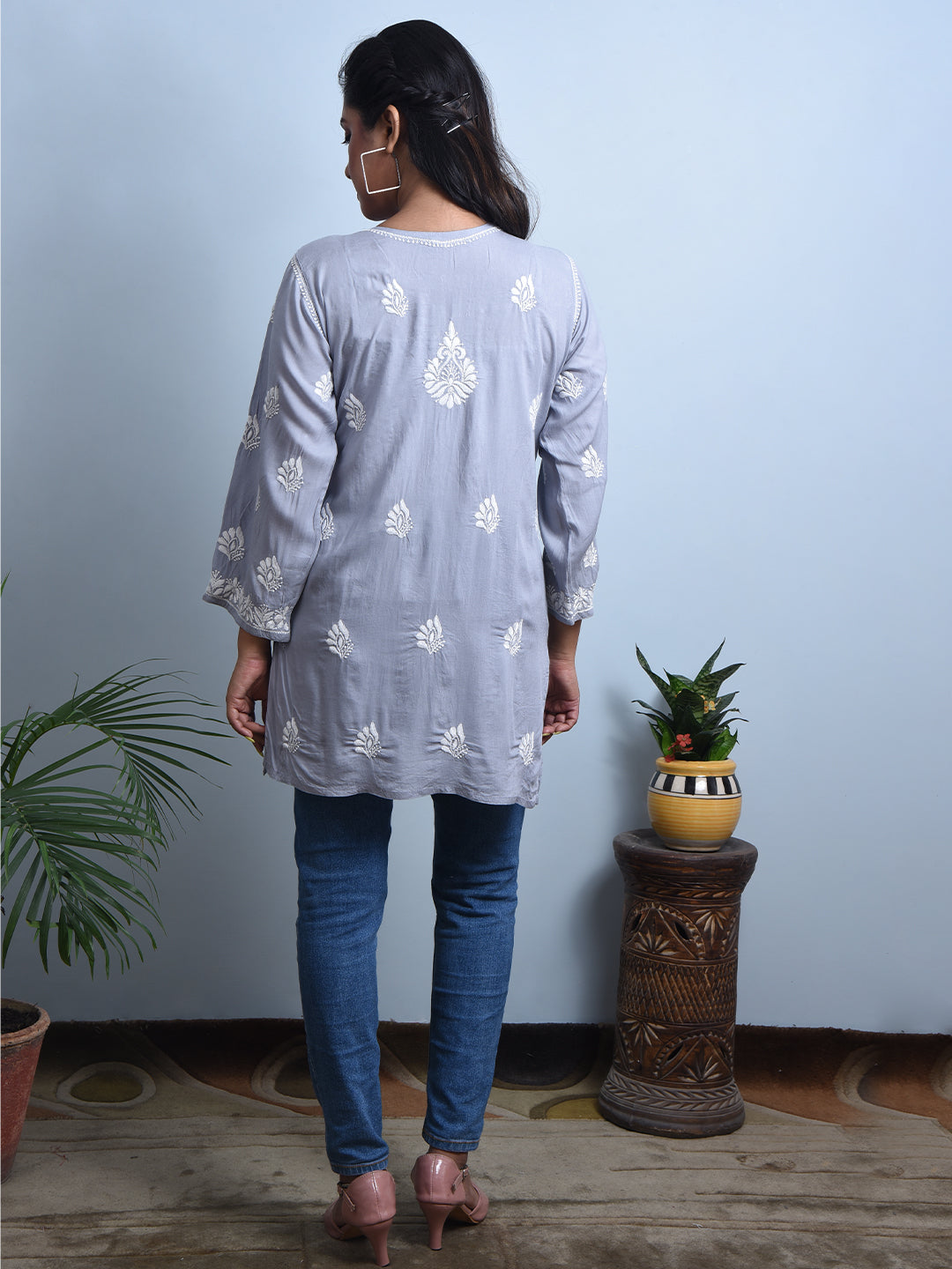 'WAW Basics' Grey Modal Cotton Chikankari Short Kurti