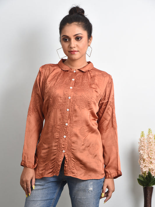 'Brewing Mocha' Coffee Brown Modal Satin Chikankari Designer Shirt