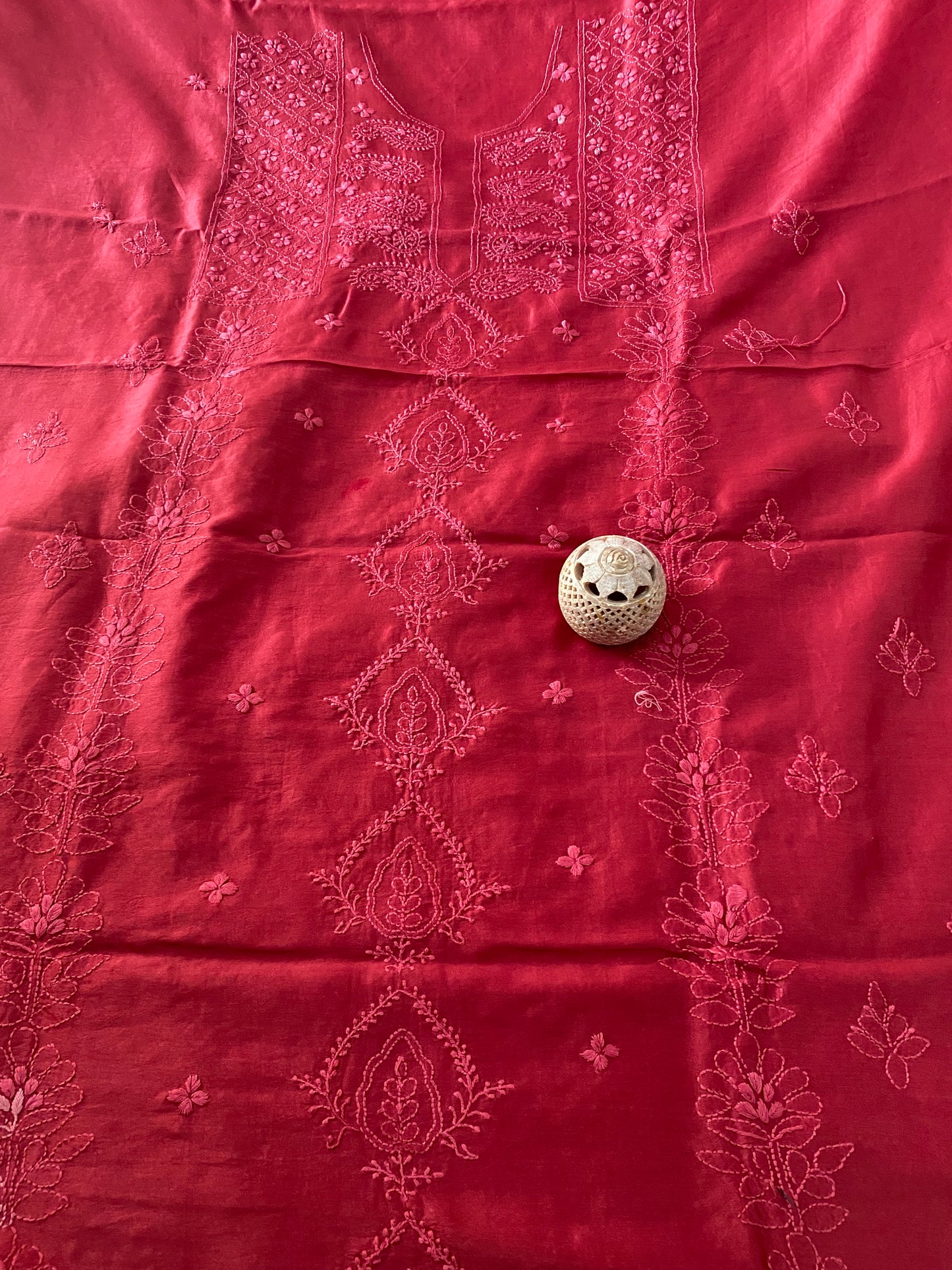 Deep Maroon Chanderi Unstitched Centre-Panel Chikankari Suit Set