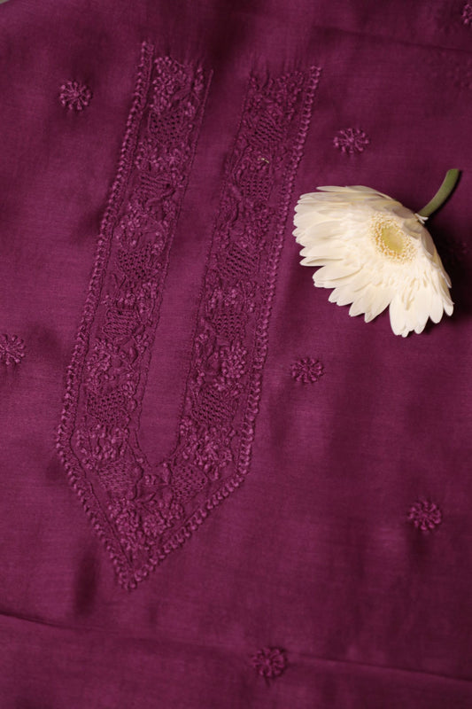'Deep Wine' Chanderi Unstitched Chikankari Collared Kurta Set