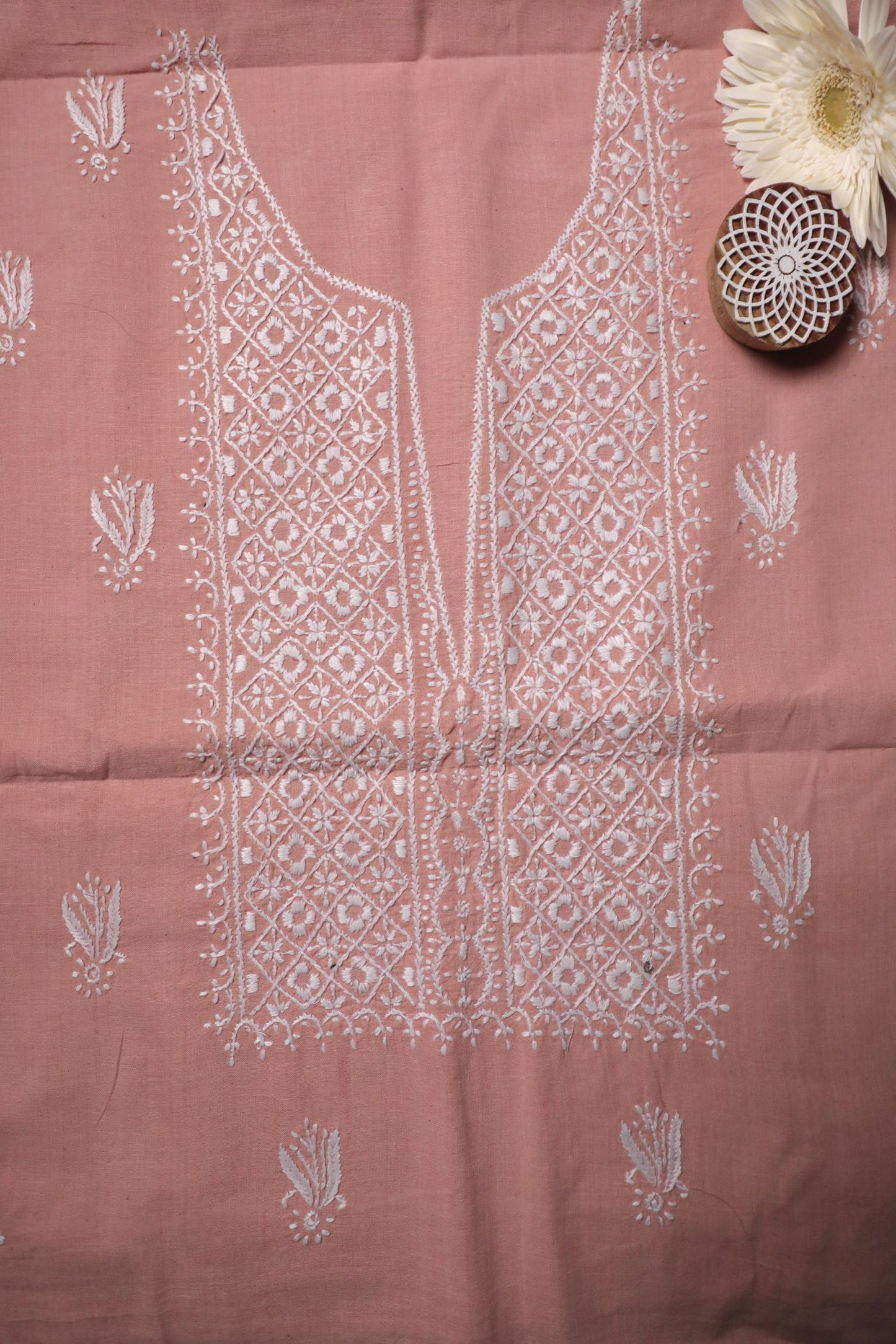 Khadi Peach South Cotton Unstitched Chikankari Kurta Pant Set