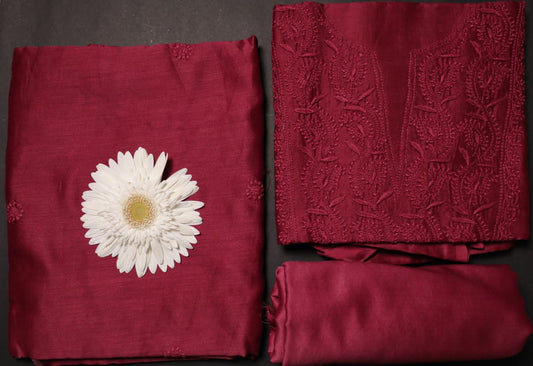 Coke Red Chanderi Unstitched Chikankari Suit Set