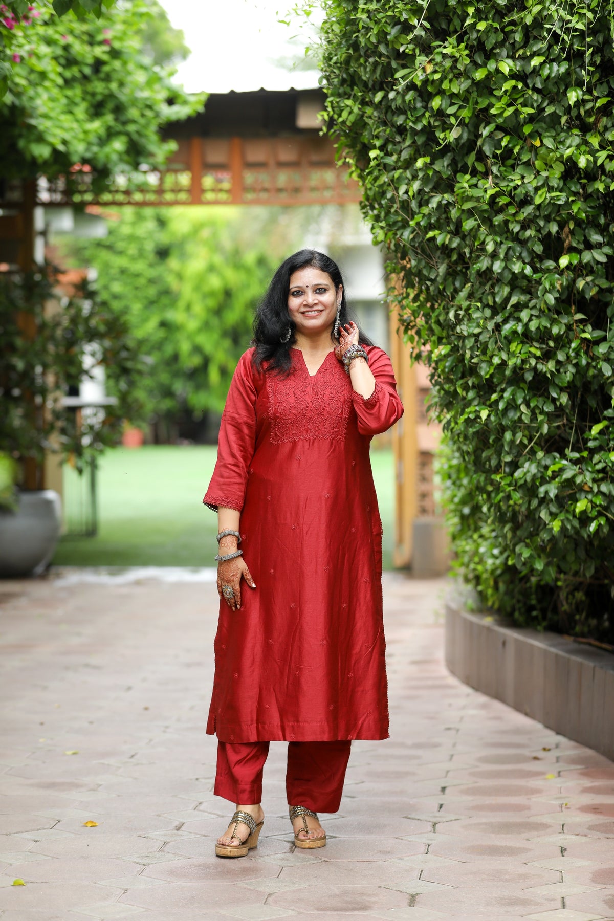 Coke Red Chanderi Unstitched Chikankari Suit Set