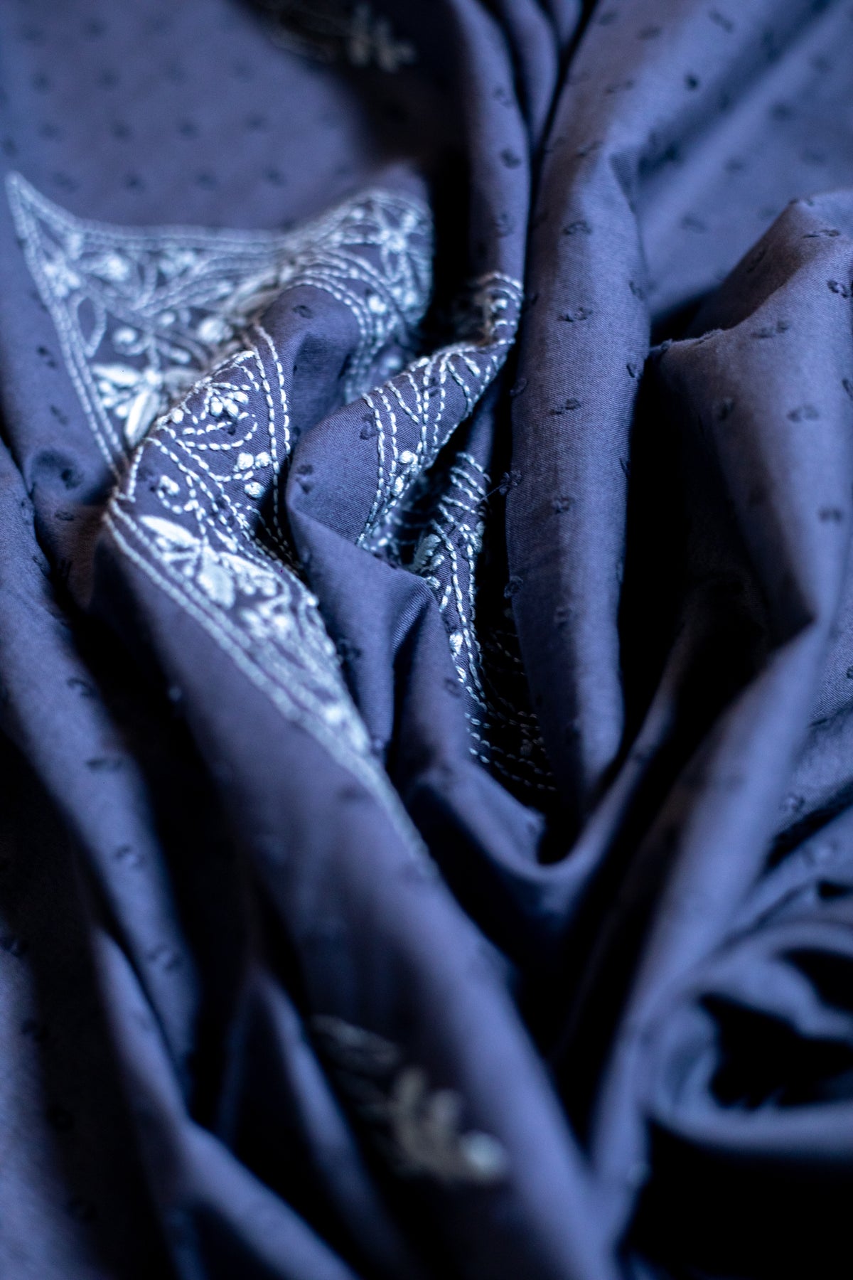 Dark Grey V Neck Dobby Cotton Chikankari Dress Material