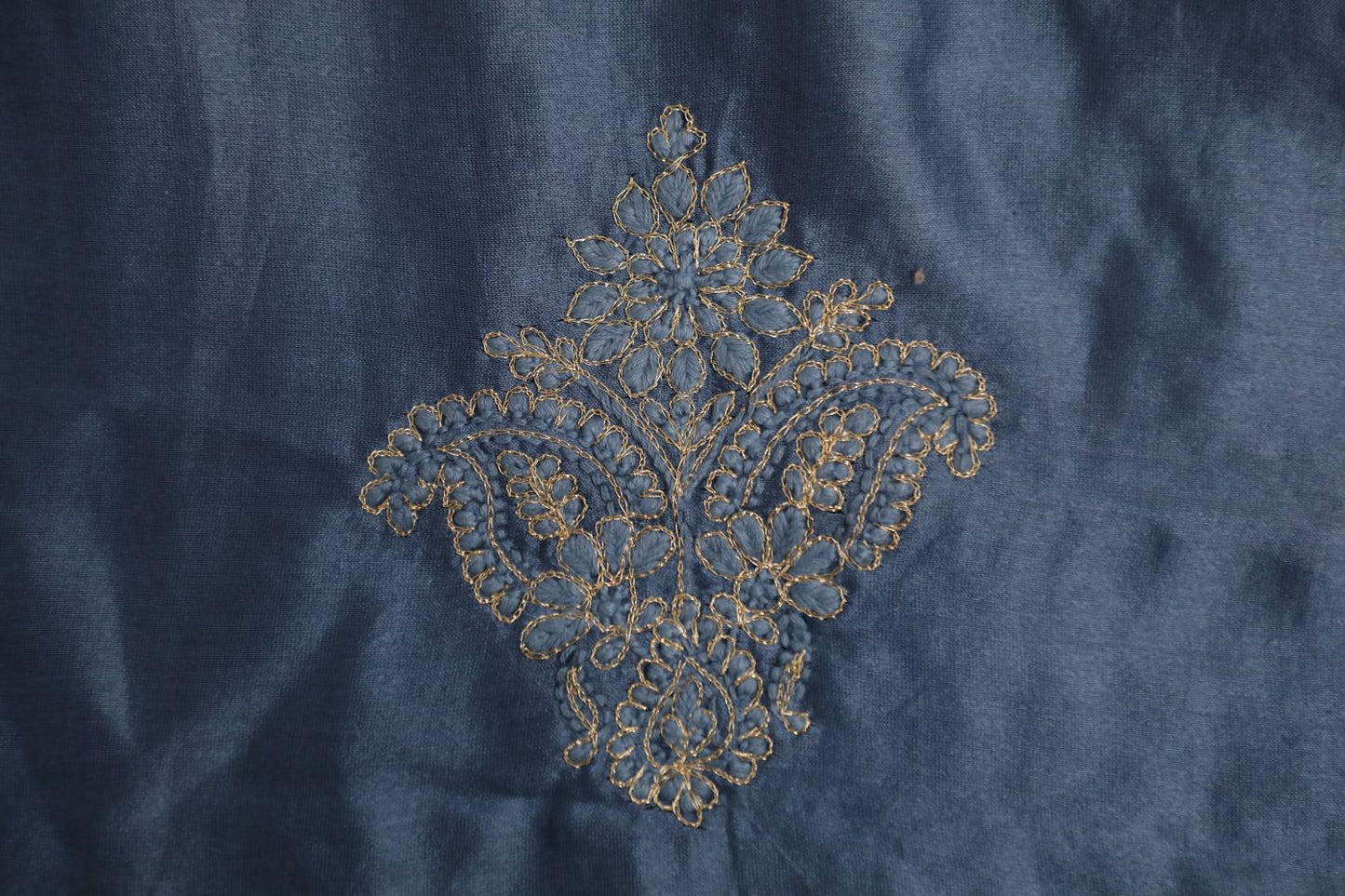 'Golden draped Midnight Sky' Navy Chanderi Unstitched Chikankari suit set