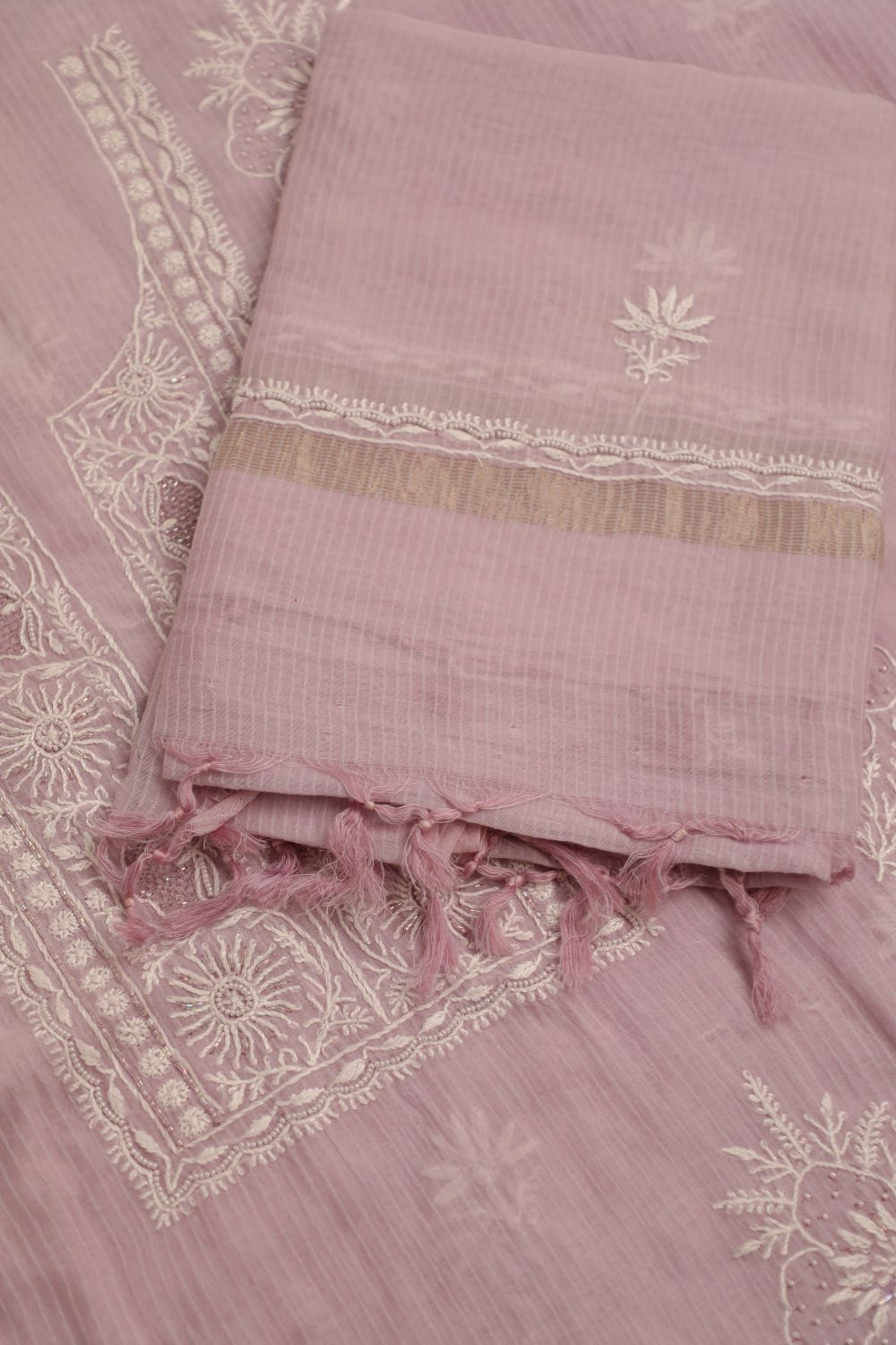 Lilac Maheshwari Cotton Embellished Unstitched Chikankari Suit Set