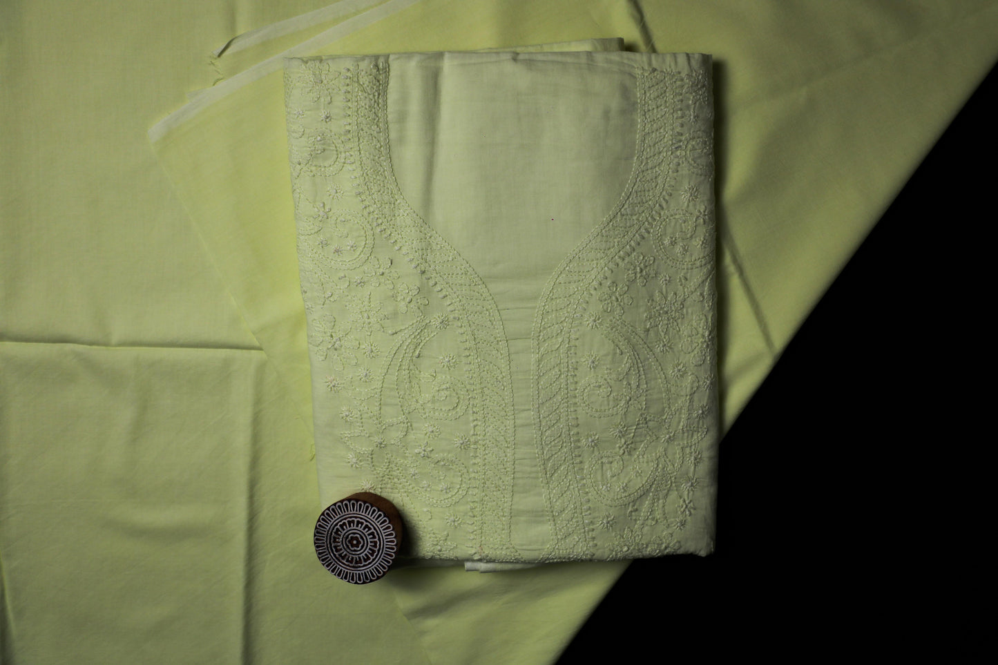 Mehendi Green Mulmul Cotton Unstitched Chikankari Suit Set
