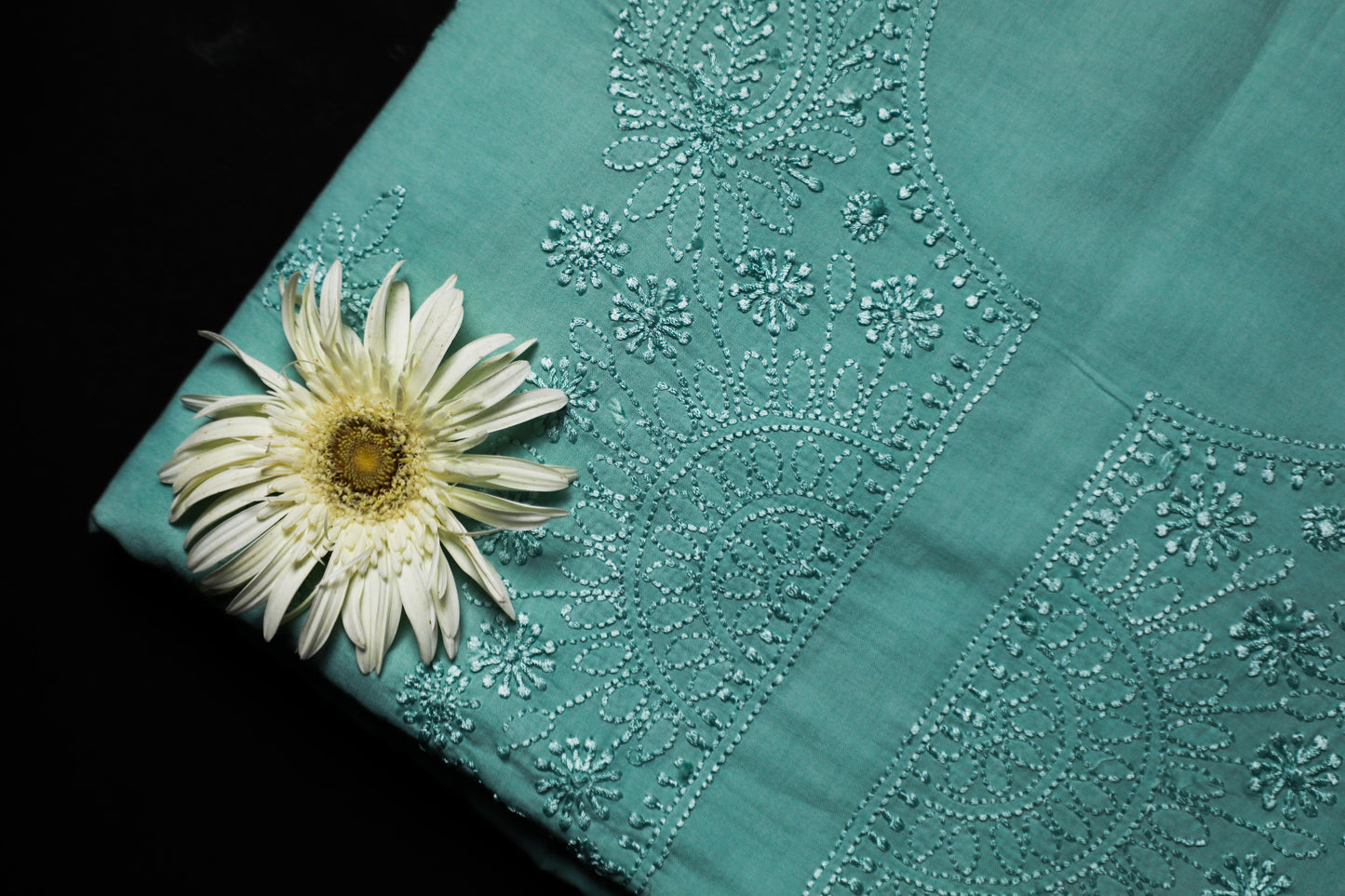 Ocean Green Mulmul Cotton Unstitched Chikankari Suit Set