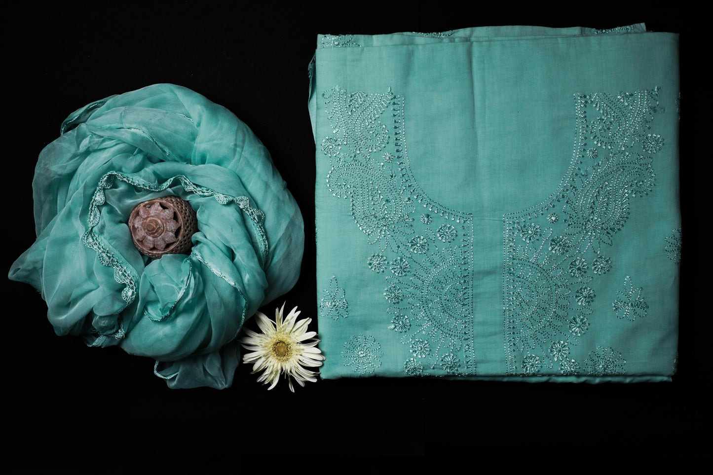 Ocean Green Mulmul Cotton Unstitched Chikankari Suit Set