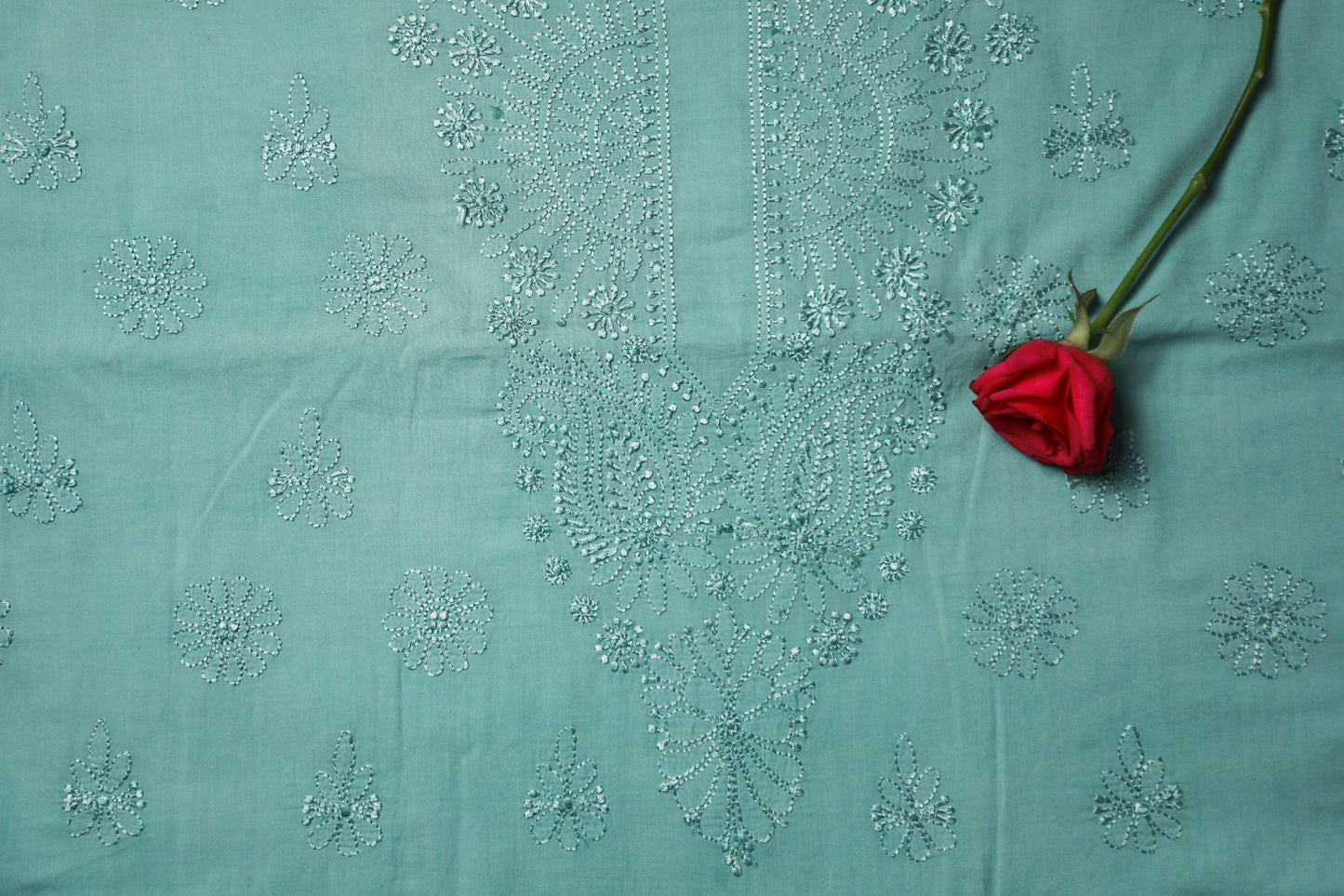 Ocean Green Mulmul Cotton Unstitched Chikankari Suit Set
