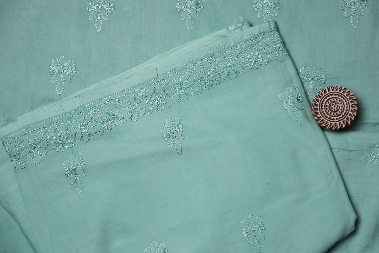 Ocean Green Mulmul Cotton Unstitched Chikankari Suit Set