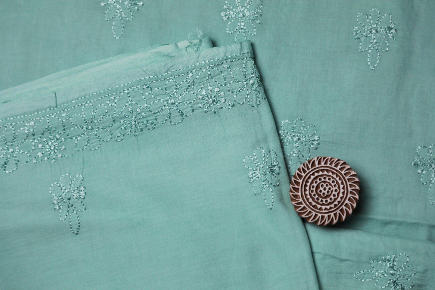 Ocean Green Mulmul Cotton Unstitched Chikankari Suit Set
