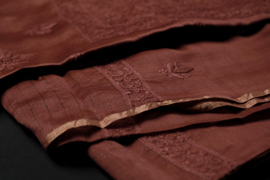 Rust Brown Chanderi Unstitched Chikankari suit set