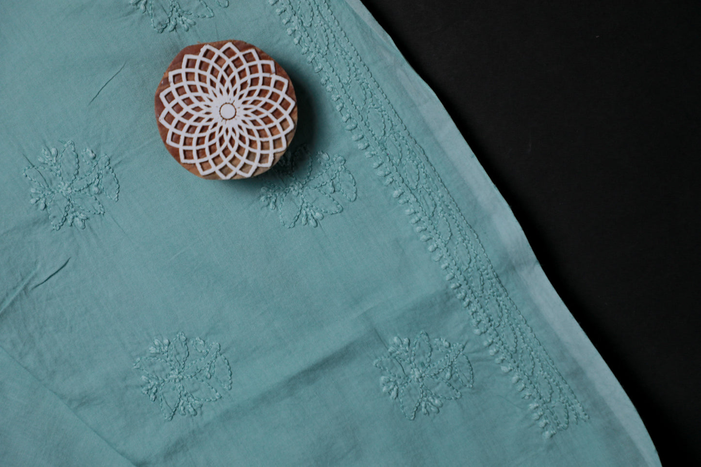 Teal Blue Mulmul Cotton Fine embroidery Unstitched Chikankari Kurta fabric