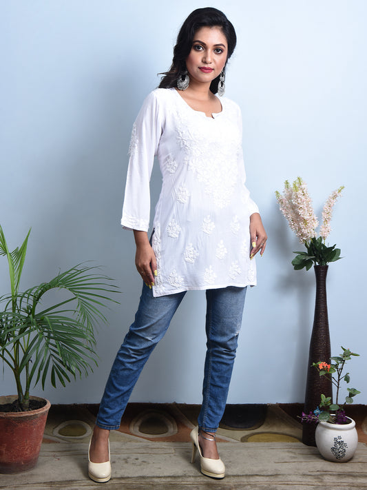 'WAW Basics' White Modal Cotton Chikankari Short Kurti