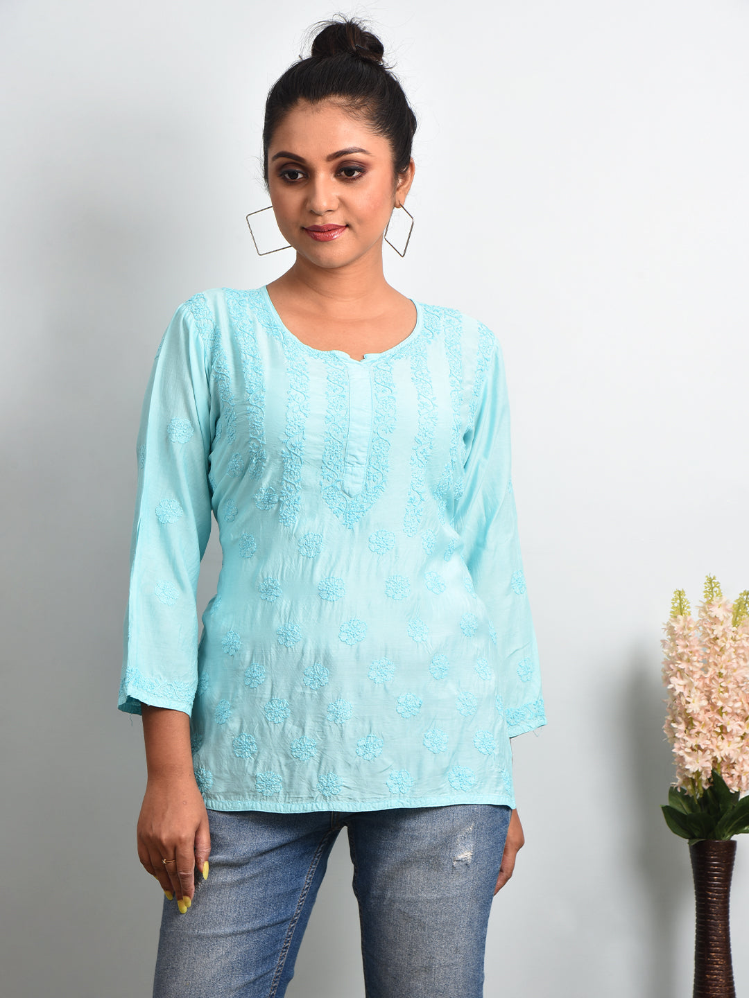 Soft Muslin 'Sparkling Blue' Chikankari Short Kurti