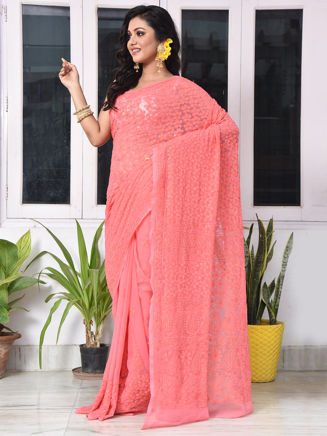 'Gulzaar' Coral Red Georgette Chikankari Saree