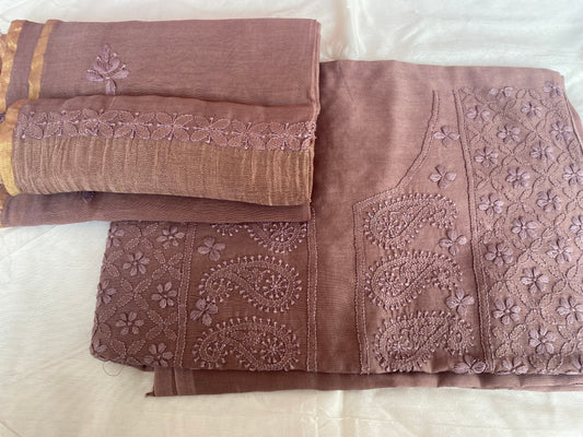 Mocha Brown Chanderi Unstitched Centre-Panel Chikankari suit set