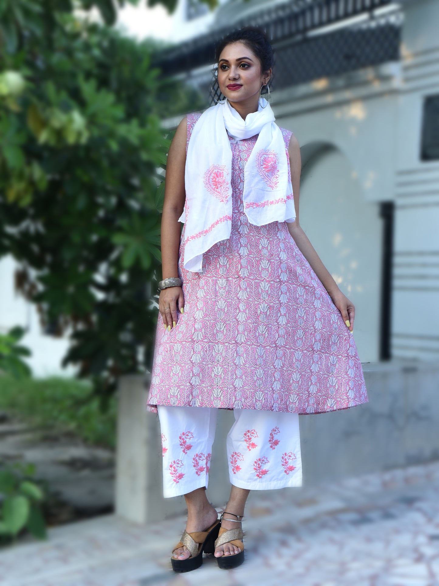 'Pink Lotus' Fusion Jaipuri-Chikankari Kurta-Pant Set