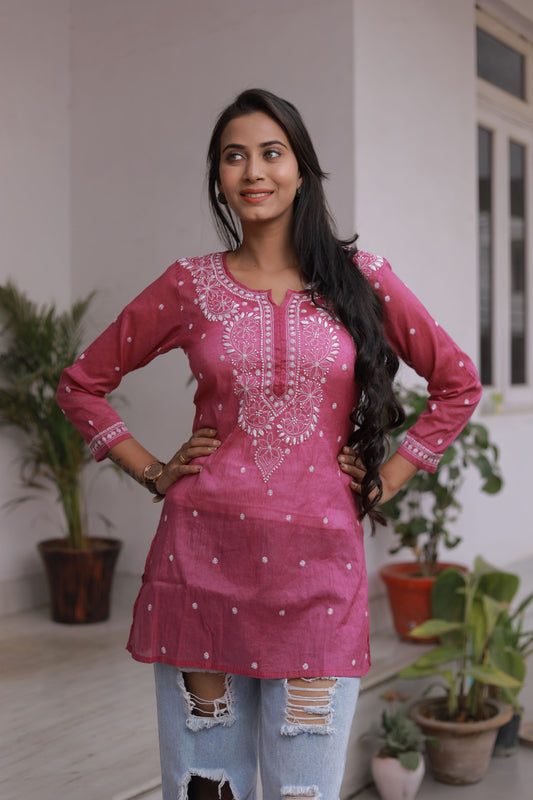 'Blooming Orchid' Purple Chanderi  Chikankari Short Kurti