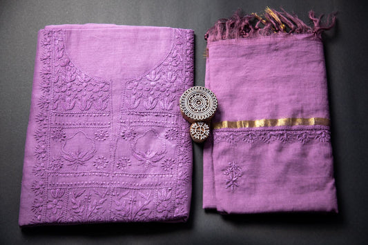 'Deep Lavender' Mul Chanderi Unstitched Chikankari Suit Set