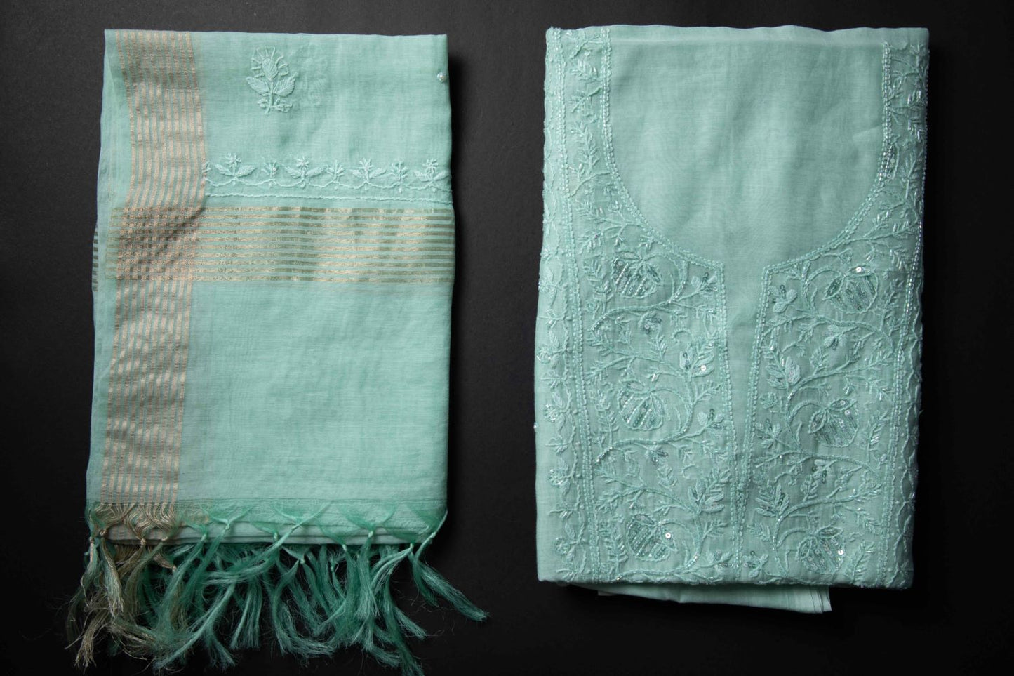'Light Persian Green'  Mul Chanderi Embellished Unstitched Chikankari Suit Set