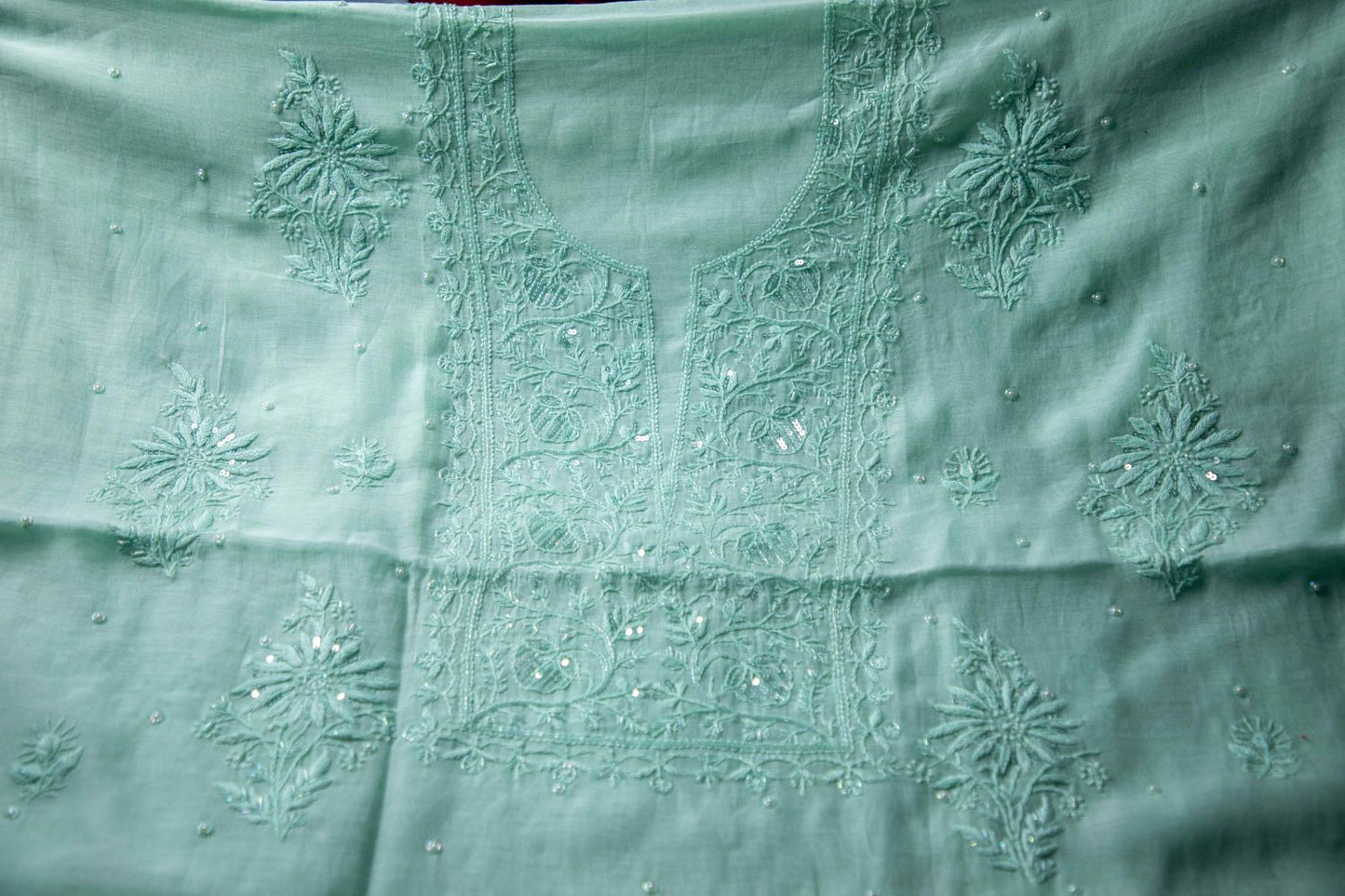 'Light Persian Green'  Mul Chanderi Embellished Unstitched Chikankari Suit Set