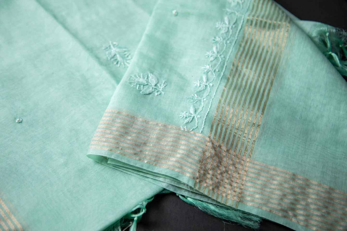 'Light Persian Green'  Mul Chanderi Embellished Unstitched Chikankari Suit Set