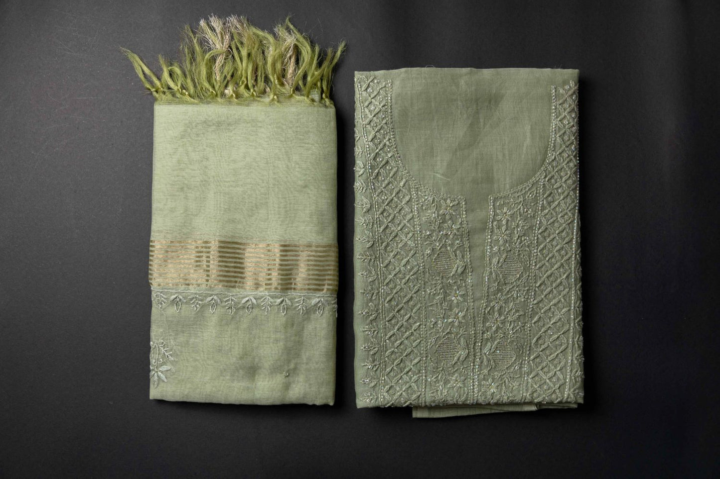 'Regal Charm' Olive Green Mul Chanderi Embellished Unstitched Chikankari Suit Set