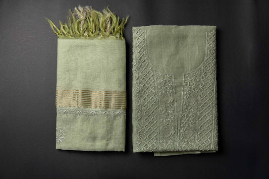 'Regal Charm' Olive Green  Mul Chanderi Embellished Unstitched Chikankari Suit Set
