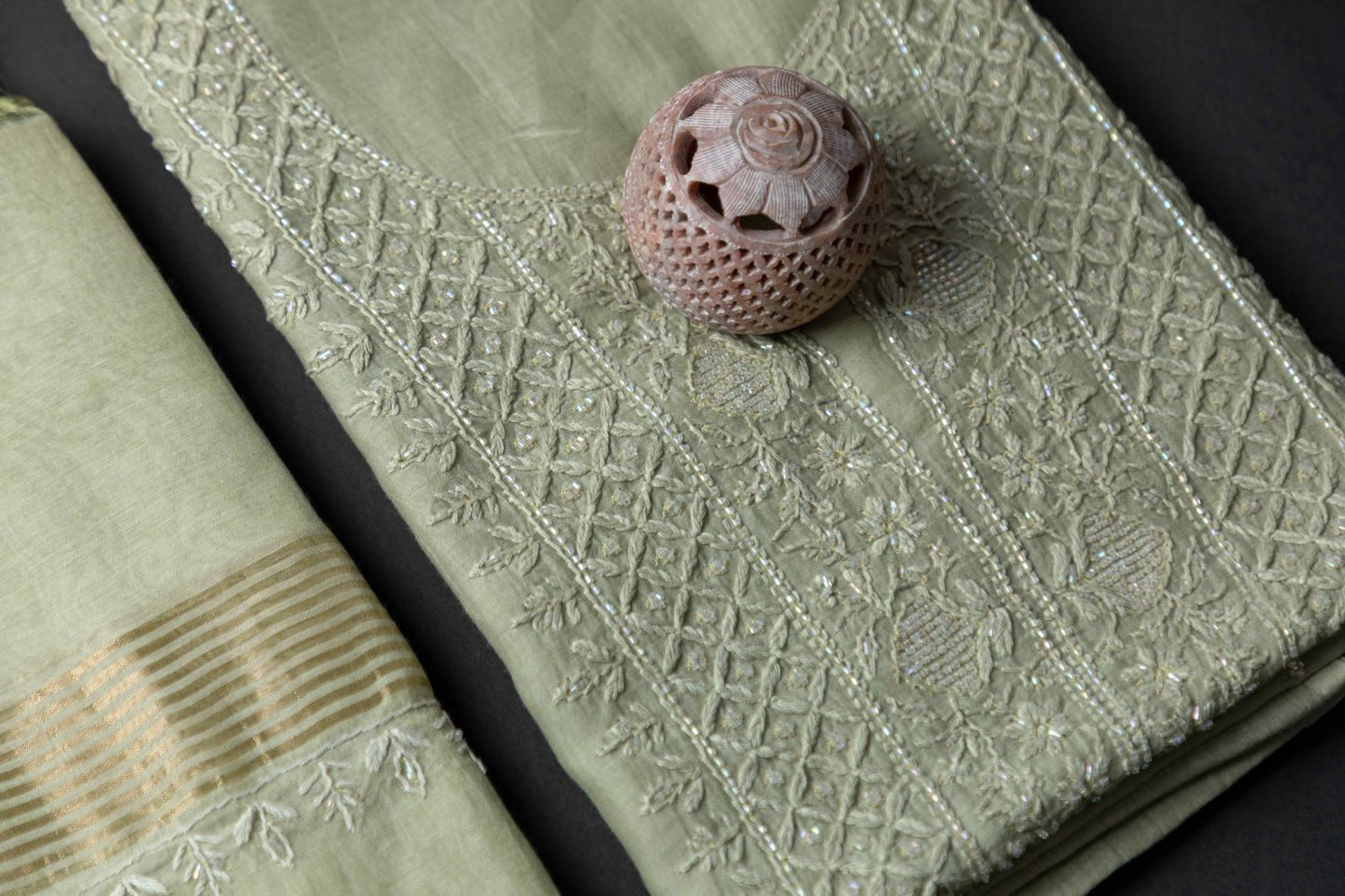 'Regal Charm' Olive Green Mul Chanderi Embellished Unstitched Chikankari Suit Set