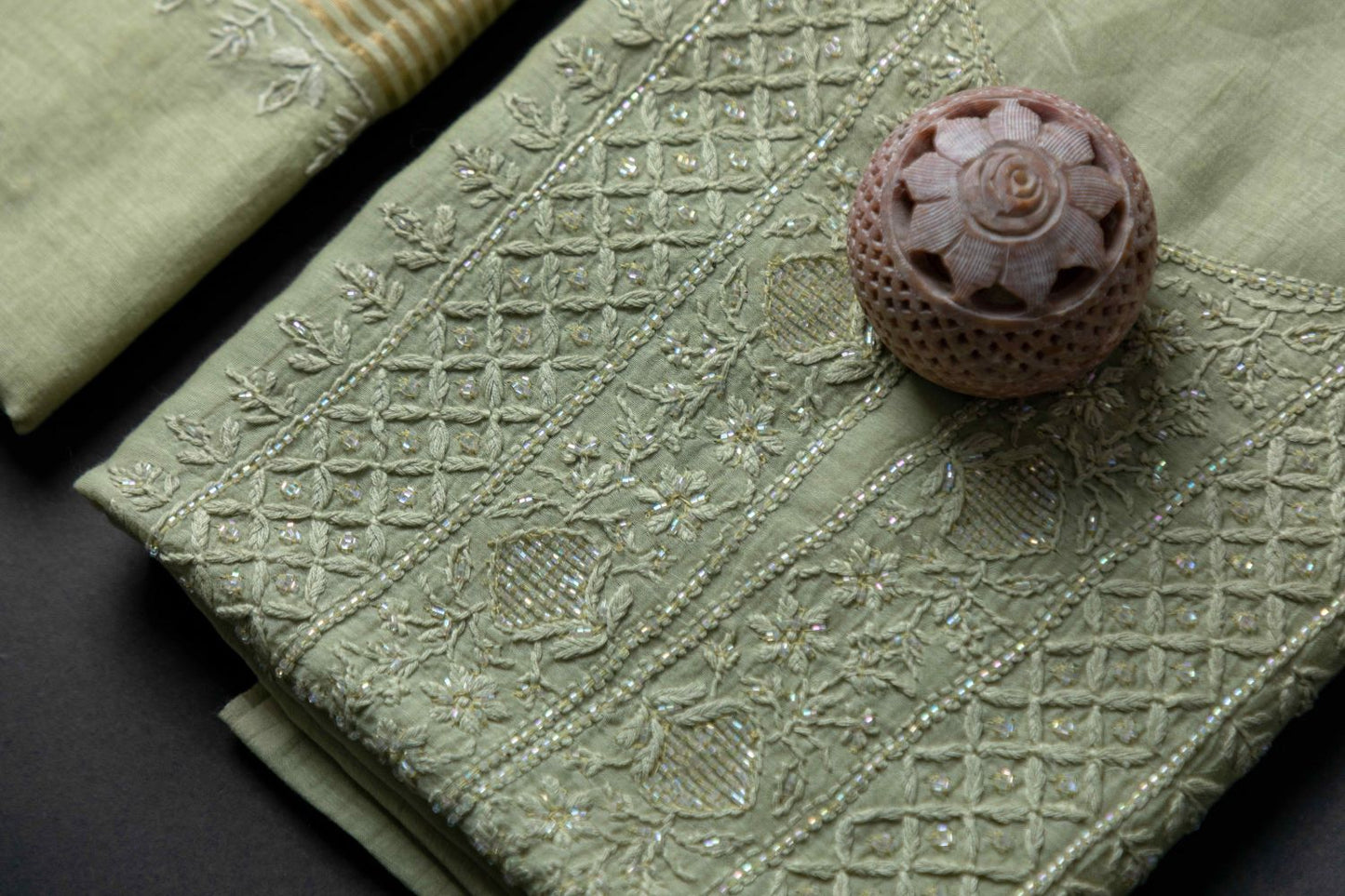 'Regal Charm' Olive Green Mul Chanderi Embellished Unstitched Chikankari Suit Set