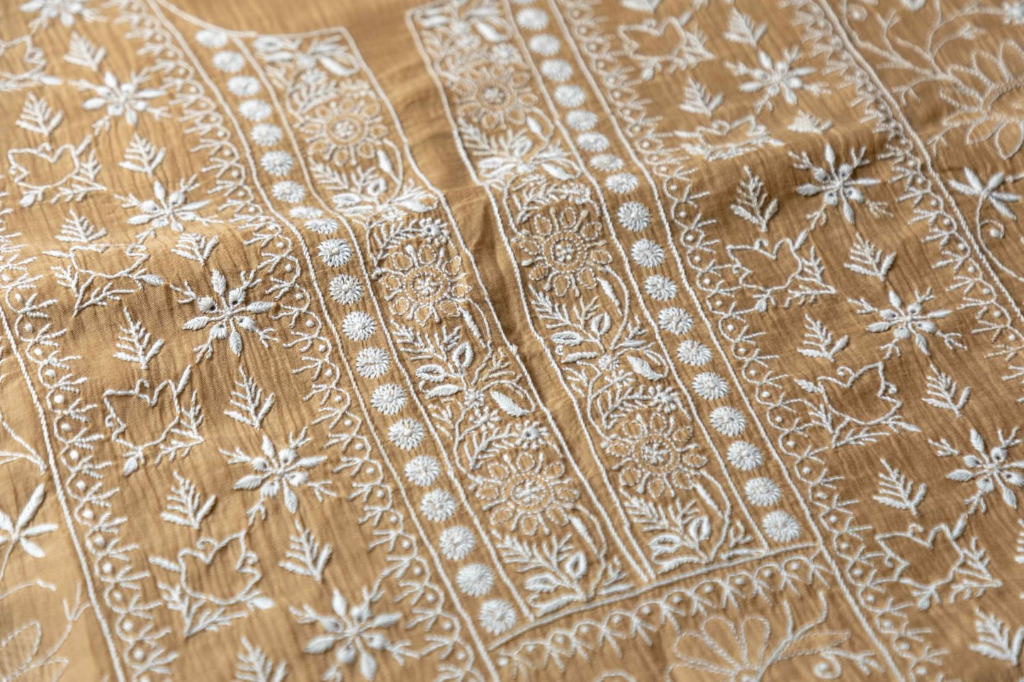Ochre Brown Mul Chanderi Unstitched Chikankari Suit Set