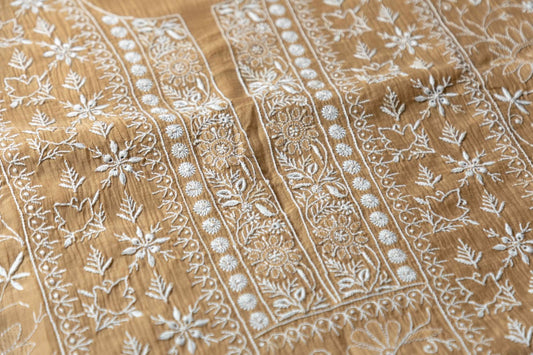 Ochre Brown  Mul Chanderi Unstitched Chikankari Suit Set