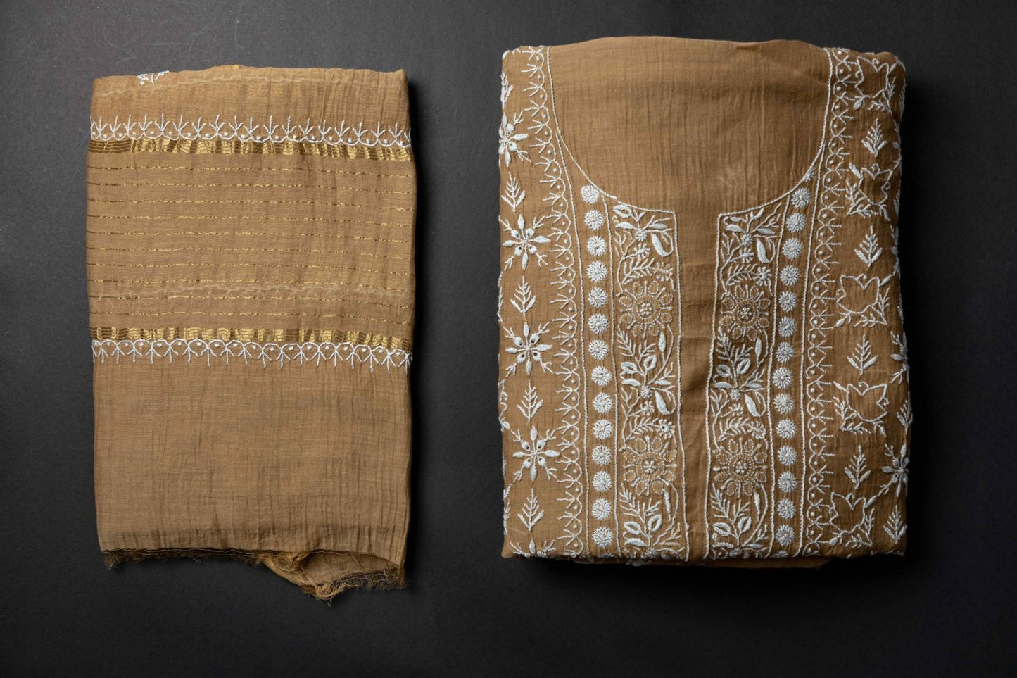 Ochre Brown Mul Chanderi Unstitched Chikankari Suit Set
