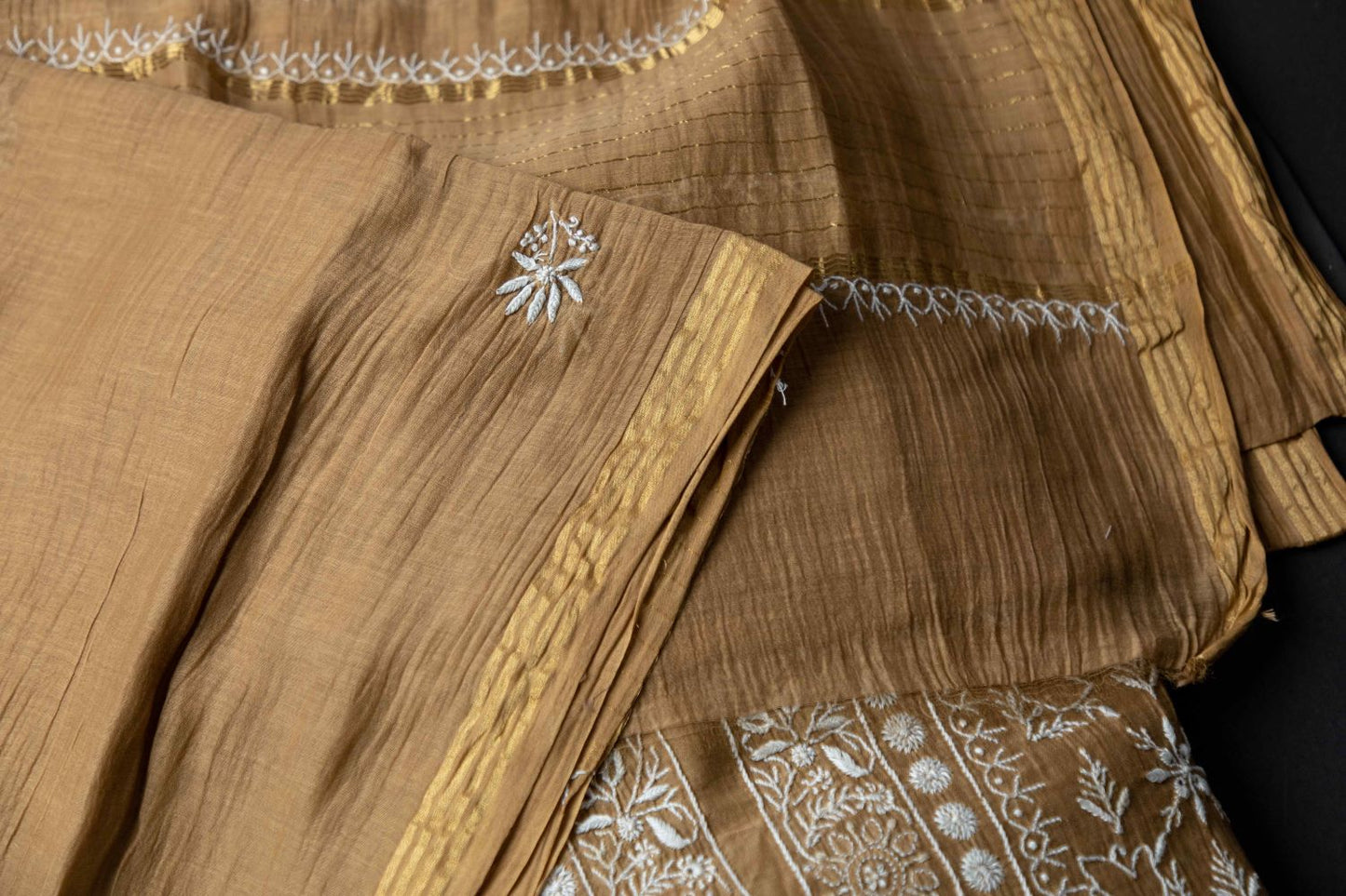 Ochre Brown Mul Chanderi Unstitched Chikankari Suit Set