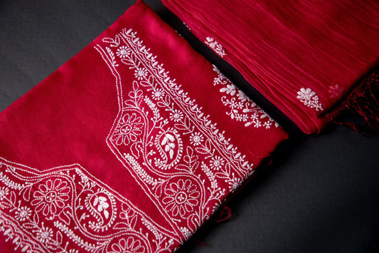 'Hibiscus Red' Chanderi Chikankari Unstitched suit set