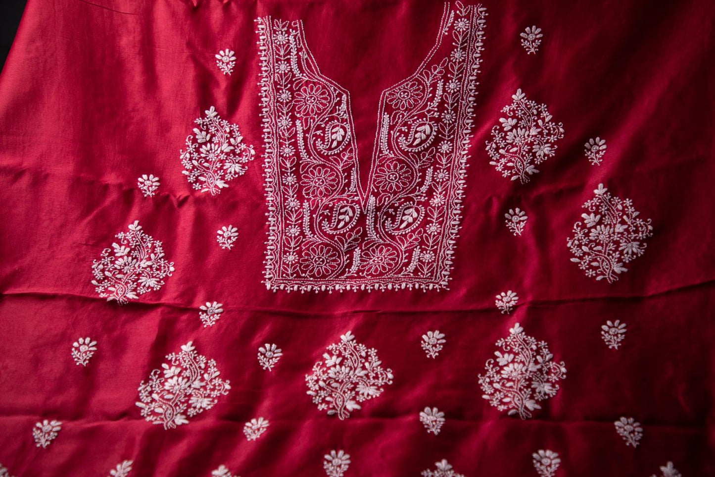 'Hibiscus Red' Chanderi Chikankari Unstitched suit set